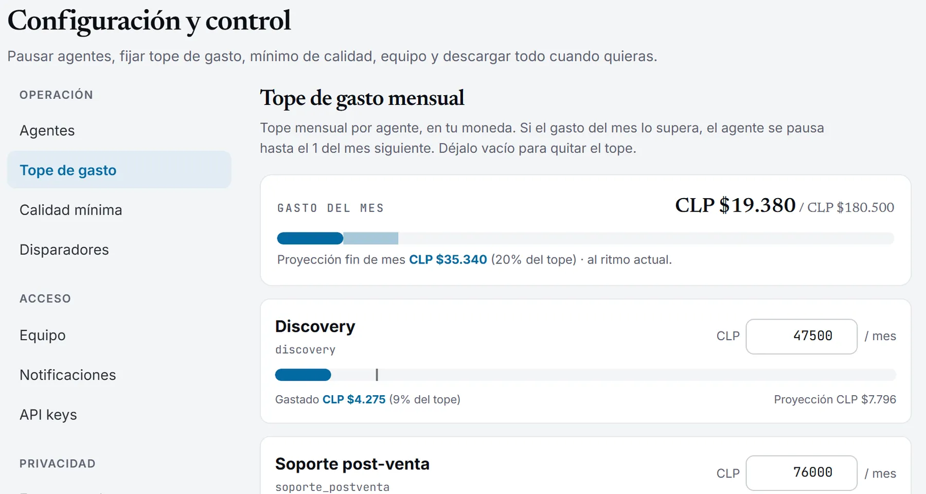 Configuración de tope de gasto con proyección de fin de mes
